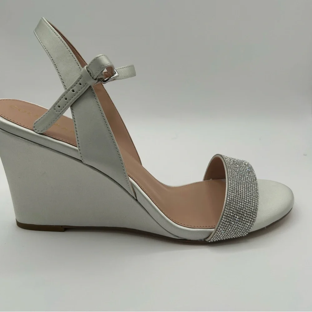 New Cole Haan women’s Josie wedge sandals crystal/gray satin 11 B